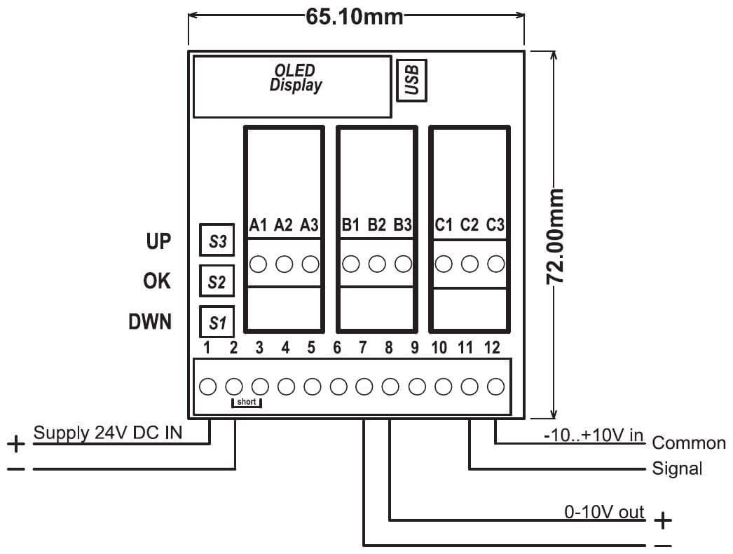 Aansluitschema PR181-X080: voeding op klem 1 en 2, uitgang 0-10 V op klem 7 (min) en 8 (plus), ingang ±10 V op klem 11 (signaal) en 12 (massa)