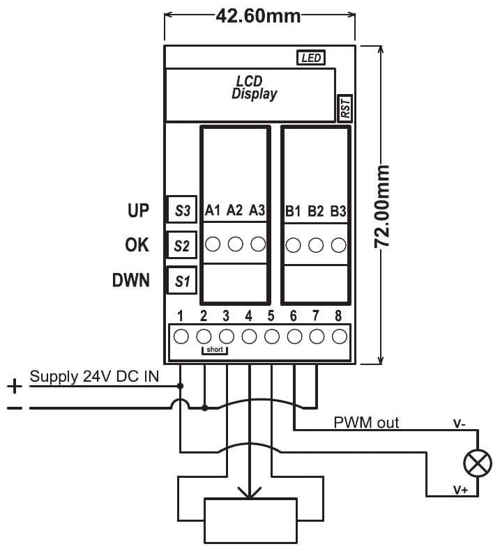 Aansluitschema en maten PR181-X083 (42,6 x 72 mm): voeding op klem 1 en 2, potmeter op klem 3, 4 en 5, lamp tussen klem 6 (PWM) en klem 1