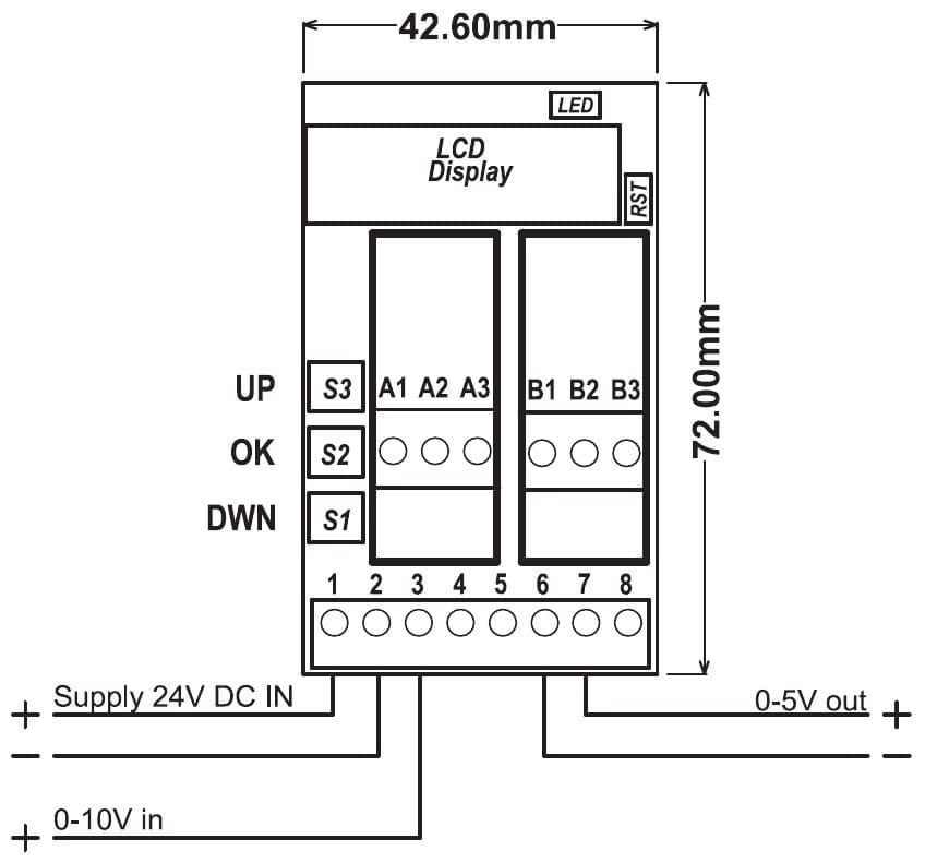 Aansluitschema PR181-X084: voeding op klem 1 en 2, ingang 0-10 V op klem 3, uitgang 0-5 V op klem 6 (min) en 7 (plus)