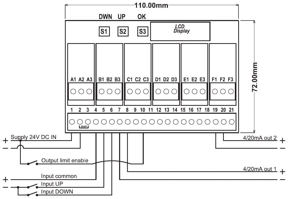 Aansluitschema PR181-X087, contacten in de min geschakeld: voeding op klem 1 en 2, Input common (klem 4) aan de plus, contacten UP en DOWN op klem 5 en 6, limietingang op klem 10, uitgang 1 op klem 7 en 8, uitgang 2 op klem 19 en 20; print 110 x 72 mm