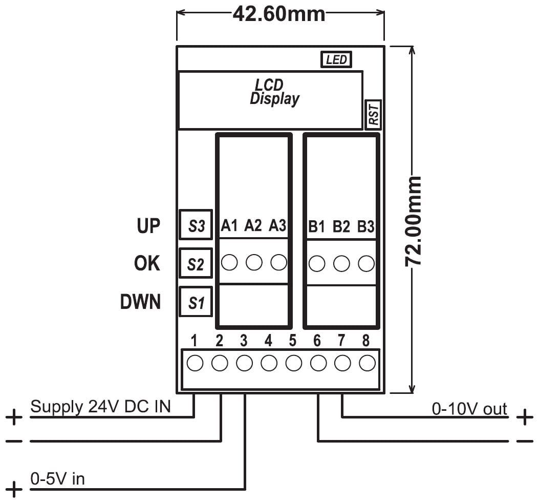 Aansluitschema PR181-X092: voeding op klem 1 en 2, ingang 0-5 V op klem 3, uitgang 0-10 V op klem 6 (min) en 7 (plus)