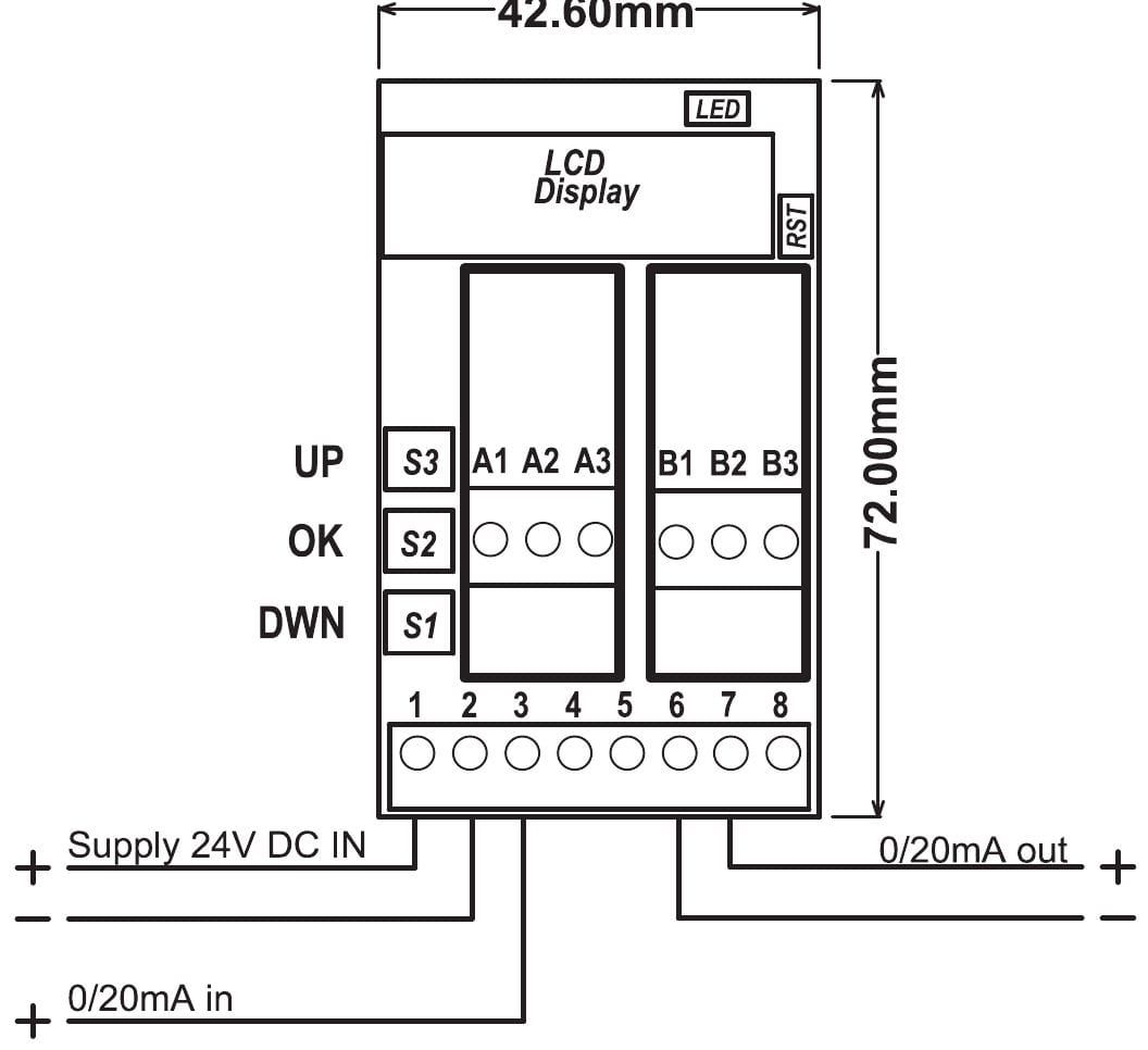 Aansluitschema PR181-X093: voeding op klem 1 en 2, ingang 0-20 mA op klem 3, uitgang 0-20 mA op klem 6 (min) en 7 (plus)
