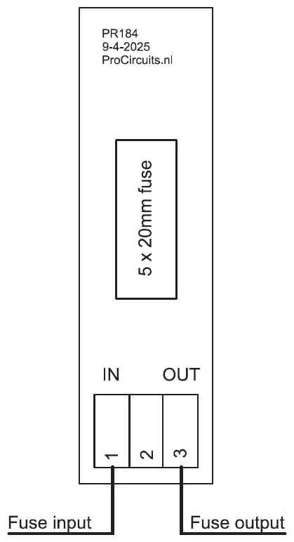 Aansluitschema PR184s01: zekeringingang op klem 1 (IN), zekeringuitgang op klem 3 (OUT), zekering 5 x 20 mm