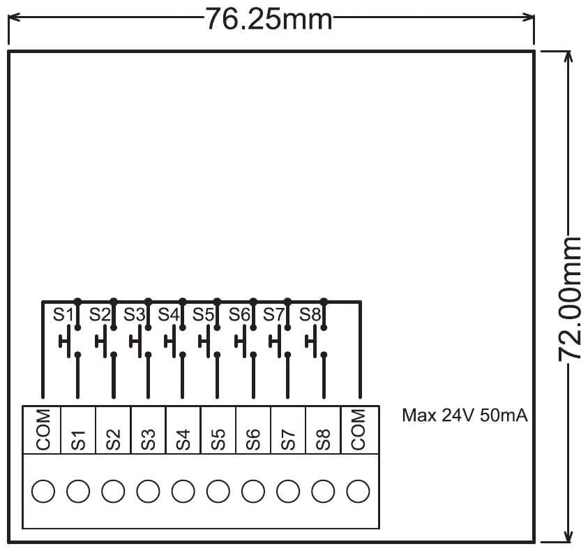 Aansluitschema en maattekening PR192T04: acht drukknoppen tussen COM en S1 tot S8; print 76,25 x 72 mm