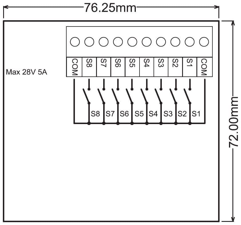Aansluitschema en maattekening PR192T10: acht schakelaars tussen COM en S1 tot S8, max. 28 V en 5 A; print 76,25 x 72 mm