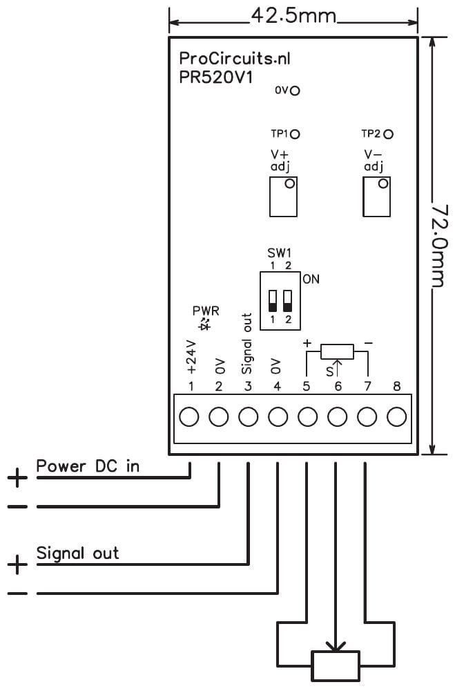 Aansluitschema PR520-X001: voeding op klem 1 en 2, signaaluitgang op klem 3 en 4, potmeter op klem 5, 6 en 7; print 42,5 x 72 mm