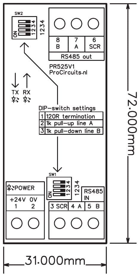 Maattekening PR525x001: print 31 x 72 mm met klemmen en DIP-schakelaars