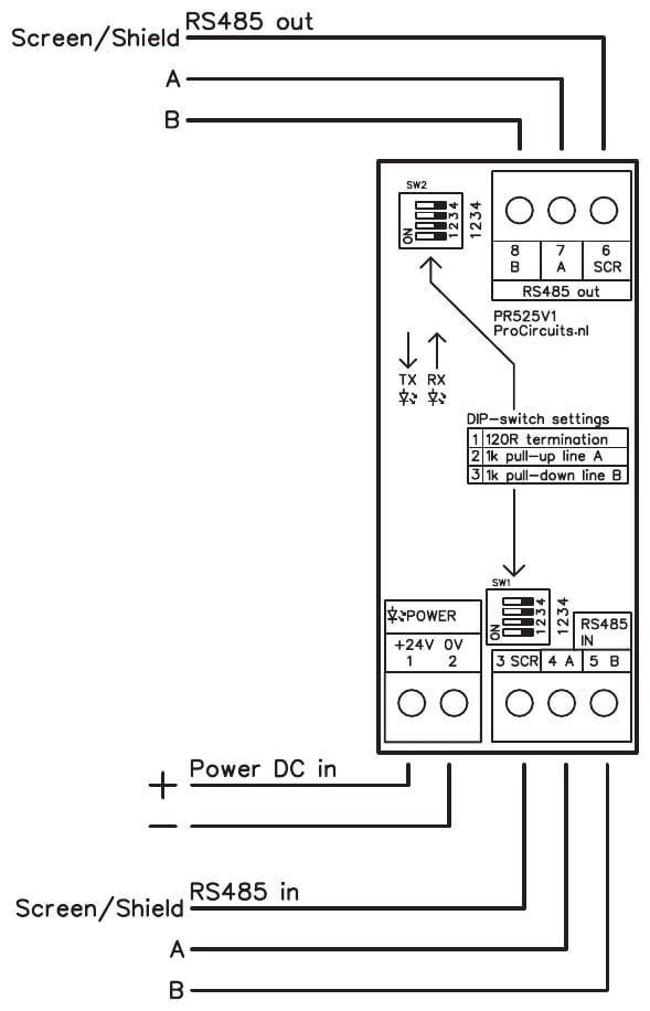 Aansluitschema PR525x001: voeding op klem 1 en 2, RS485 in op klem 3, 4 en 5, RS485 out op klem 6, 7 en 8