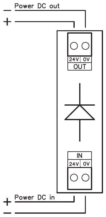 Aansluitschema PR802: DC-voeding op IN, belasting op OUT, met de diode ertussen