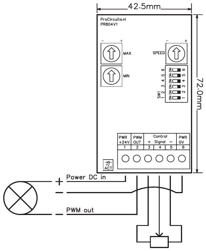 Aansluitschema en maten PR804s01 (42,5 x 72 mm): lamp tussen klem 1 en 2, potmeter op klem 3, 4 en 5, voeding op klem 1 en 6