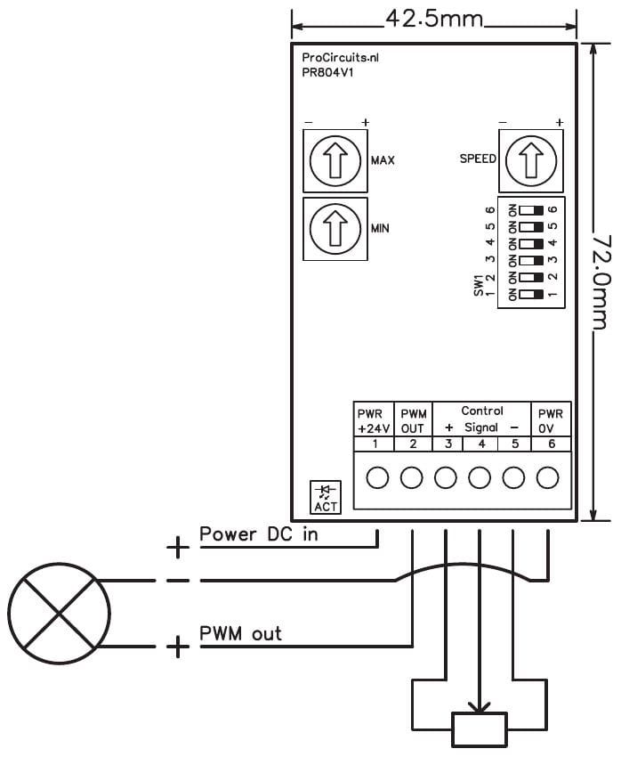 Aansluitschema en maten PR804s02 (42,5 x 72 mm): lamp tussen klem 2 en 6, potmeter op klem 3, 4 en 5, voeding op klem 1 en 6