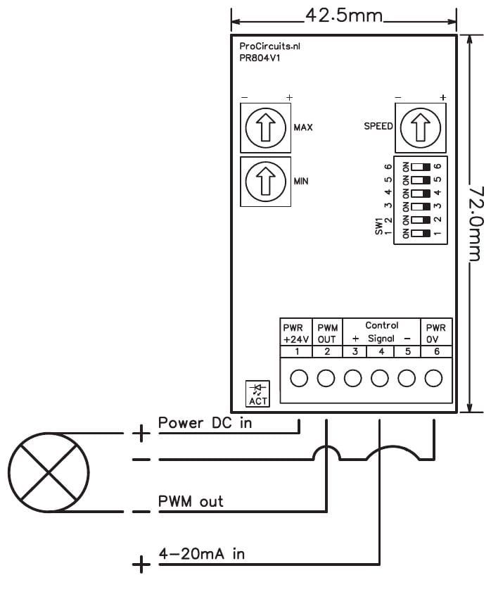 Aansluitschema en maten PR804s03 (42,5 x 72 mm): lamp tussen klem 1 en 2, 4-20 mA-ingang op klem 4, voeding op klem 1 en 6