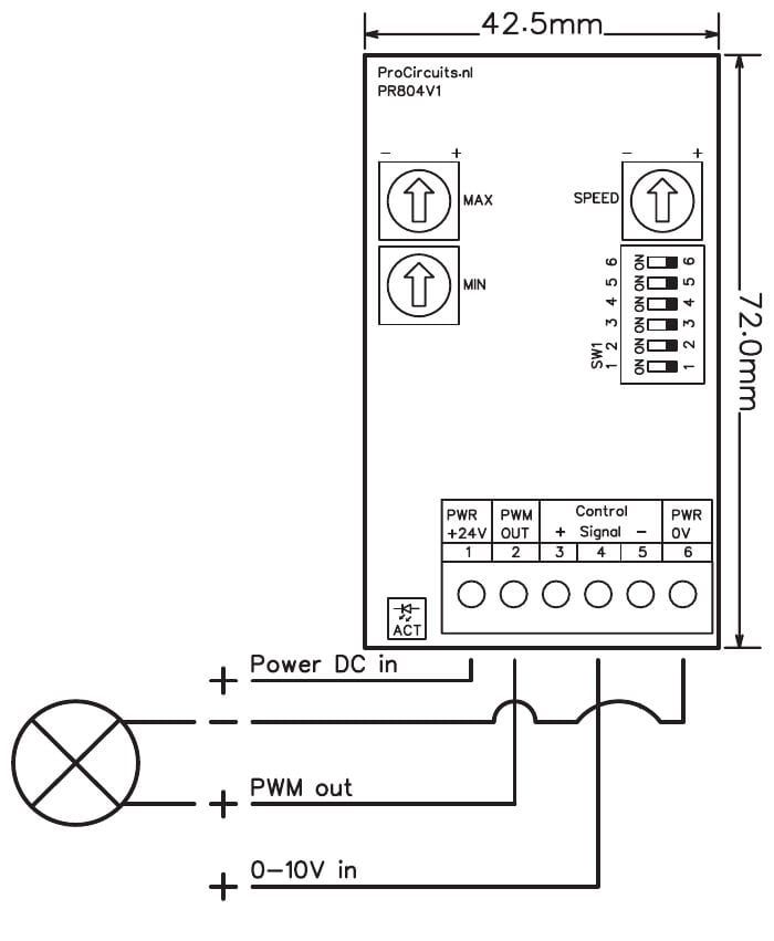 Aansluitschema en maten PR804s06 (42,5 x 72 mm): lamp tussen klem 2 en 6, 0-10 V-ingang op klem 4, voeding op klem 1 en 6