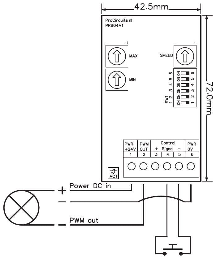 Aansluitschema en maten PR804s07 (42,5 x 72 mm): lamp tussen klem 1 en 2, pulscontact tussen klem 4 en 5, voeding op klem 1 en 6