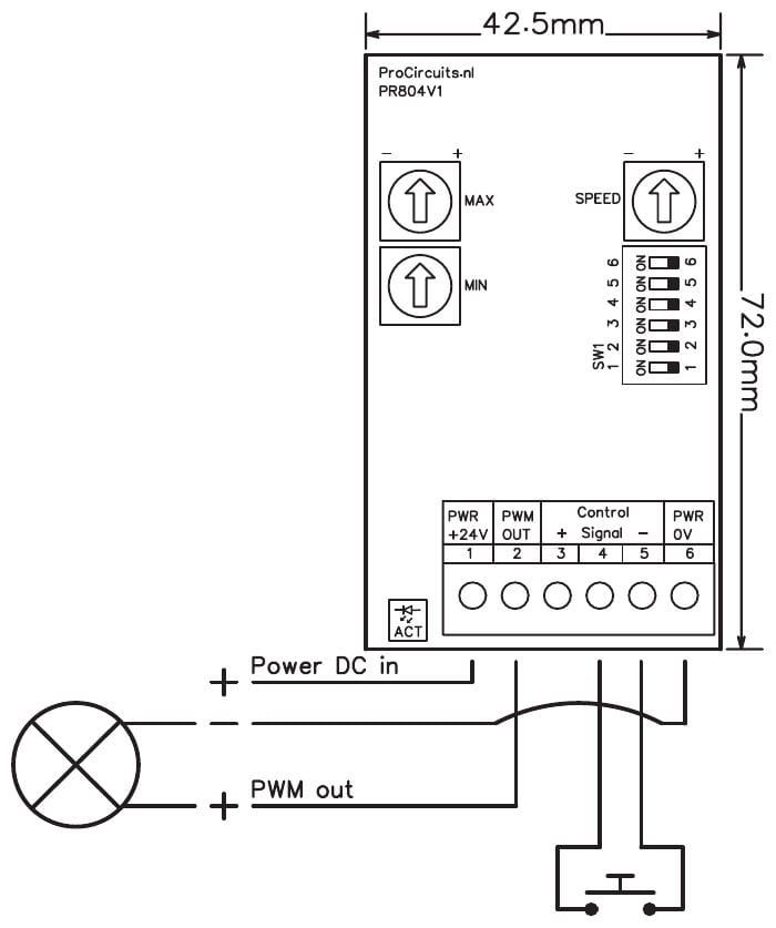 Aansluitschema en maten PR804s08 (42,5 x 72 mm): lamp tussen klem 2 en 6, pulscontact tussen klem 4 en 5, voeding op klem 1 en 6