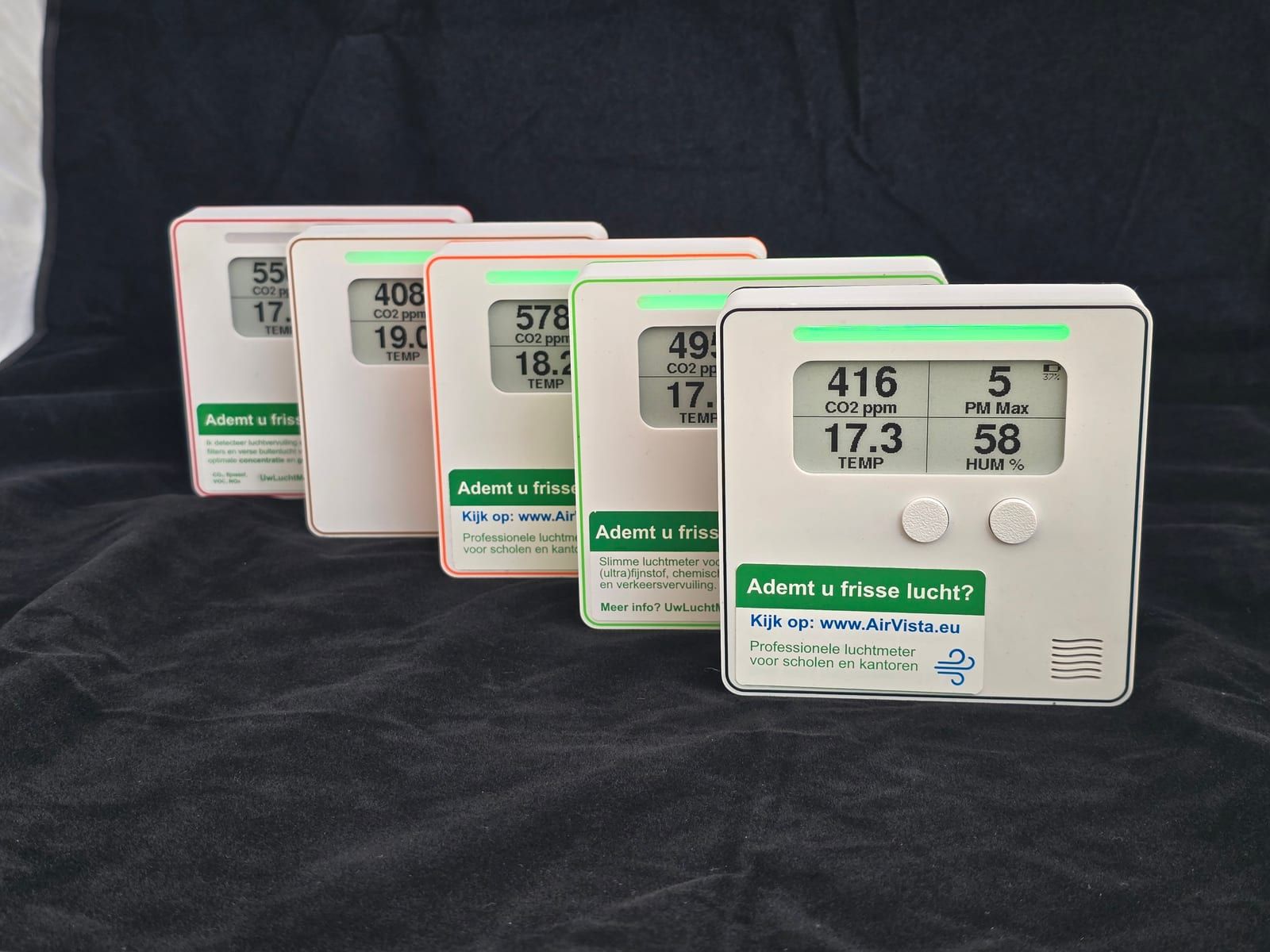 Air quality meters for CO2, particulate matter and temperature in series